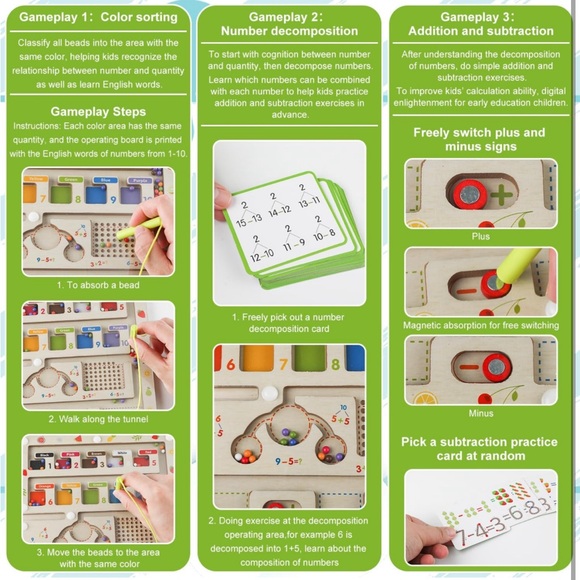 Wooden Number🔢Puzzle🧩Board w Beads🧮Counting Matching Game - Picture 6 of 9